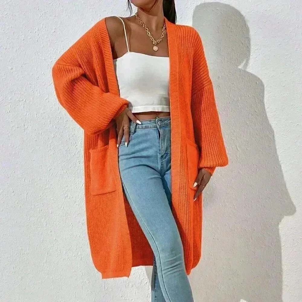 Orange Casual Women's Dual Pocket Drop Shoulder Duster Cardigan